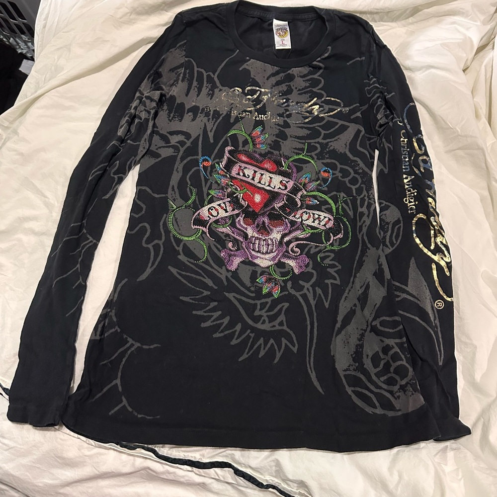 Ed Hardy Black Graphic rhinestone Long Sleeve tunic